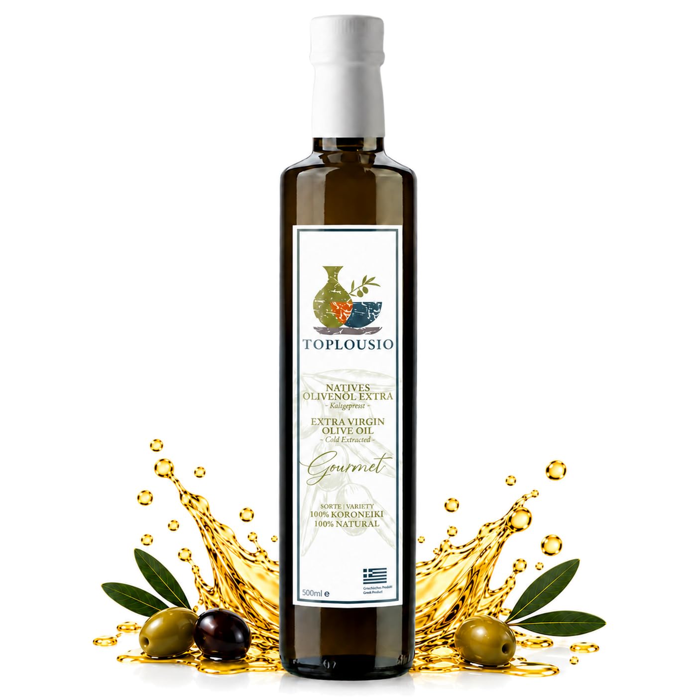 TOPLOUSIO Griechisches Natives Olivenöl Extra, Koroneiki, 500 ml | Kaltgepresst und fruchtig-mild aus 100 % Koroneiki-Oliven - ideal für Salate, Dressings und mediterrane Gerichte.