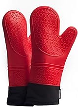 Professional Oven Gloves, Silicone Oven Gloves, 1 Pair of Anti-Heat Gloves, Extended Gloves for Pizza and Kitchen (Red)