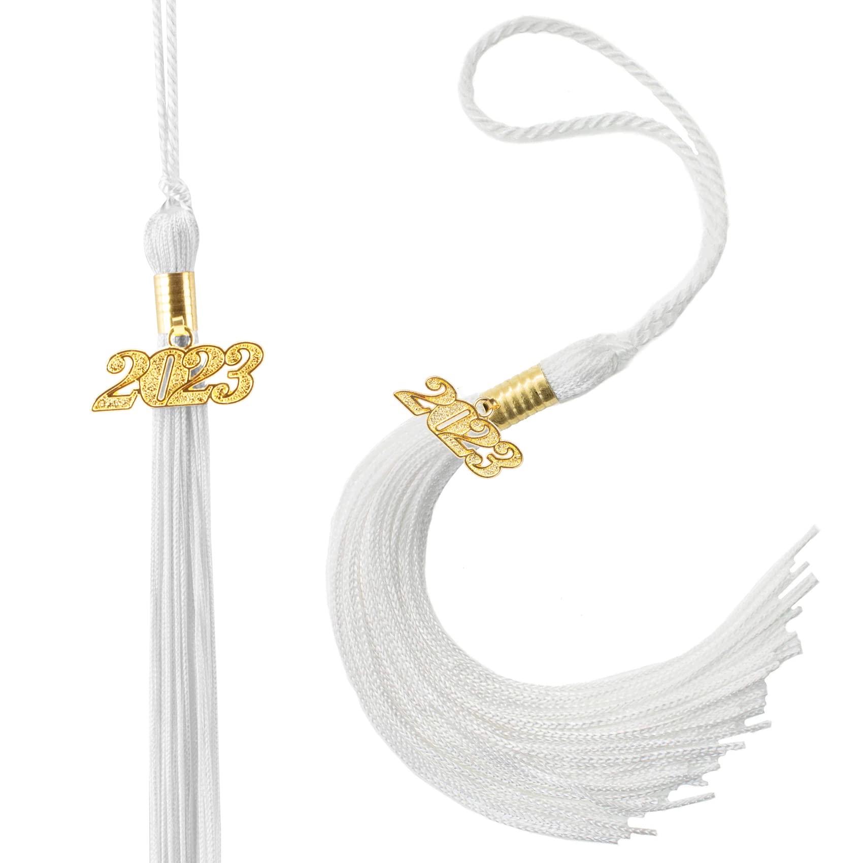 Photo 1 of 2023 Tassel Graduation-2PCS, Tassel Charms for Graduation Cap, Graduation Tassel 2023 with 2023 Year Gold Charms for Graduation Cap, Tassel Accessories for Graduate Hats Ceremonies White-- 2 ITEMS