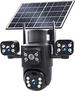 Triple-Lens Solar Security Cameras Wireless for Home Outdoor Surveillance, 3 * 2MP HD Clarity, PTZ 360º Coverage, High Capacity Built-in Battery, WiFi Connection, No Subcription Fee Local Storage