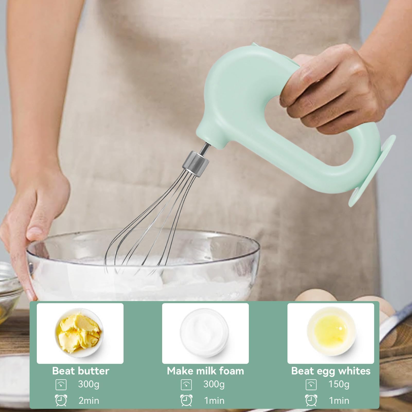 Handmixer, Kabelloser Elektrischer Mini-Eierschläger Handrührgerät Mit 4 Geschwindigkeitsstufen USB Aufladung 1500mah Praktischer Handrührer Elektrischer Mixer Für Die Küche Restaurant (Grün)