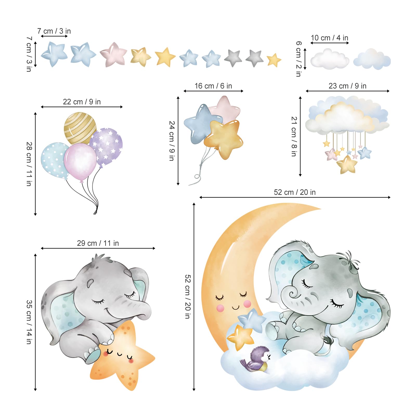 Pegatinas de Pared de Lunas Estrellas y Nubes de Dibujos Animados Vinilos para Pared de Elefantes Globos y Animales Vinilos Eliminables para Decoraciones del Hogar