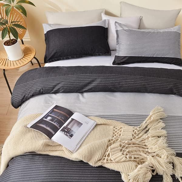 TIFFICO Queen Duvet Cover Set - 3pc Striped Black Gray Printed Microfiber Soft Down Duvet Quilt Bedding Covers Zip Ties for Women - Country Farmhouse Pattern for Fall Winter, 90 x 90