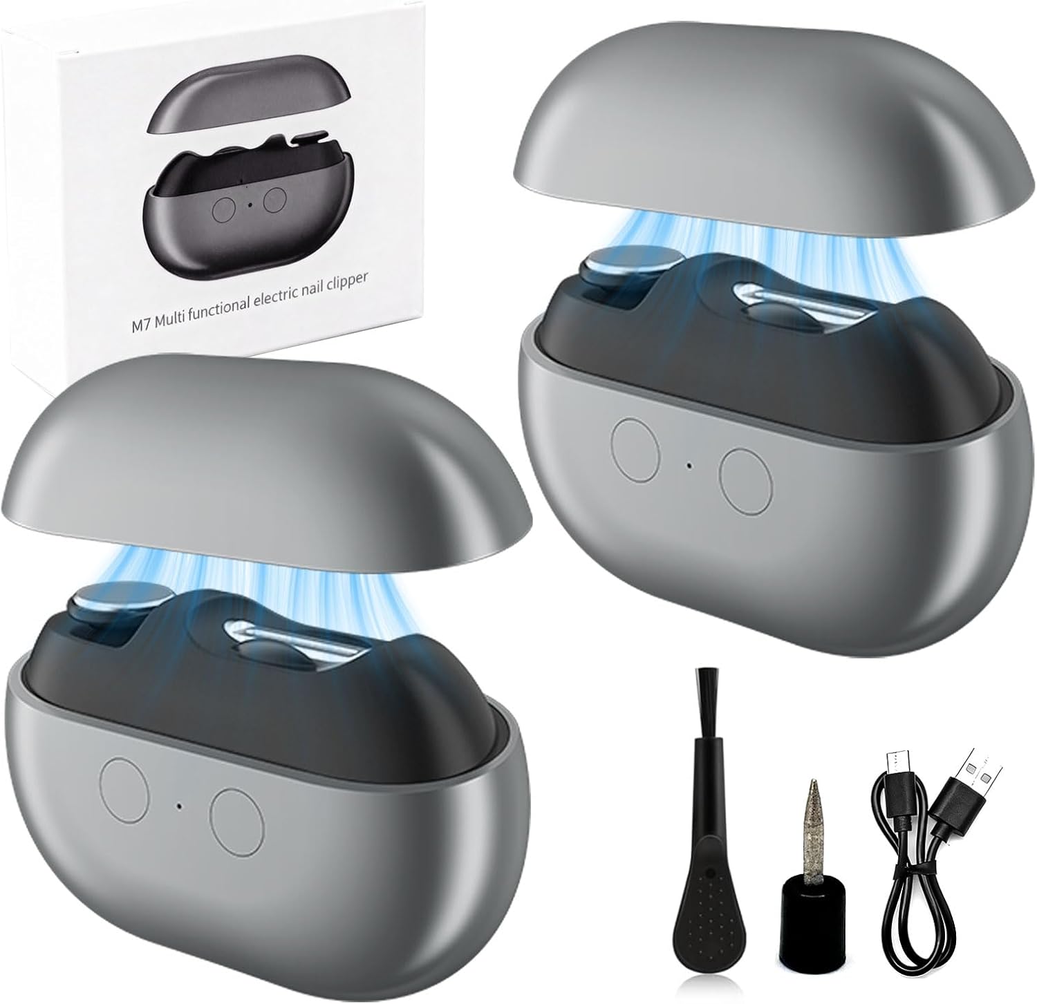 2PC Electric Nail Clipper, Electric Nail Clippers for Seniors & Adults, Baby Electric Nail Trimmer with LED Light & Nail Scraps Storage, 3-in-1 Automatic Nail Clipper for Toenails & Fingernails (Grey)