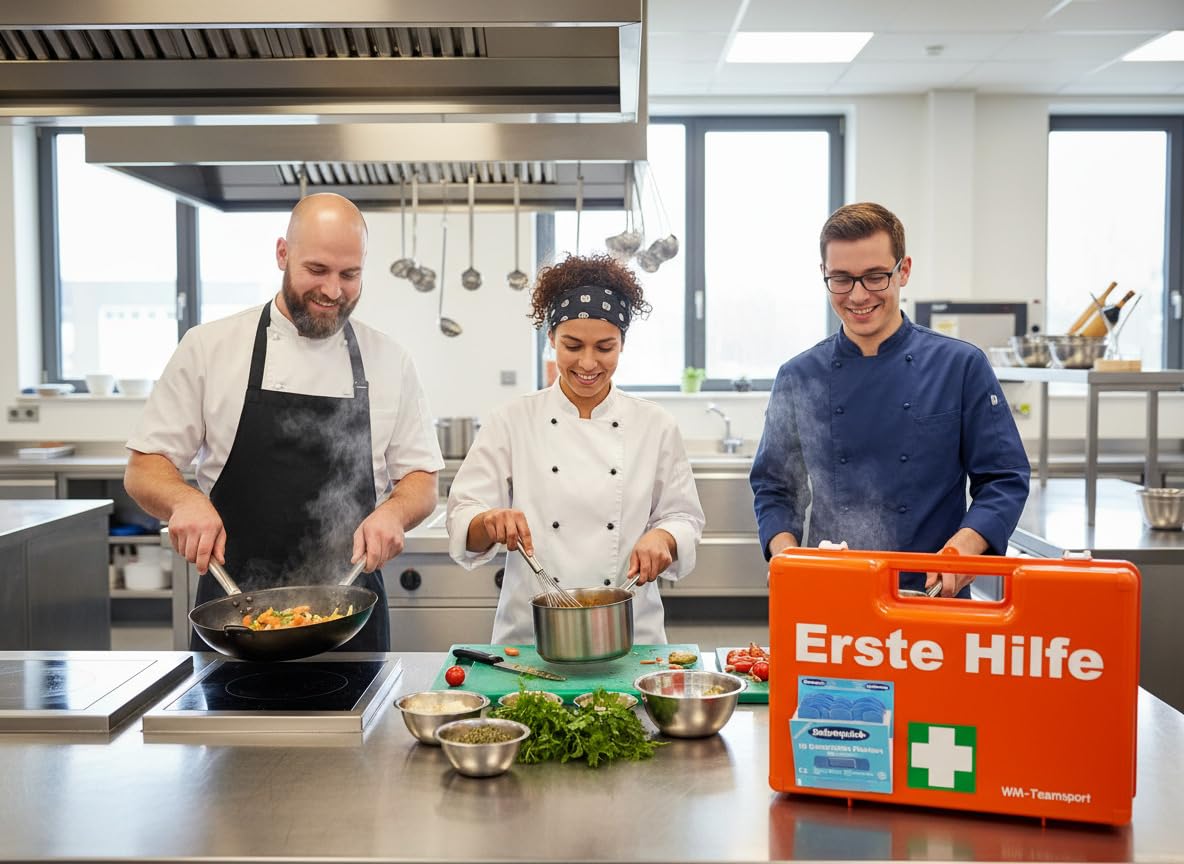 Erste-Hilfe-Koffer GASTRO Komplettpaket für Küchenbetrieb & Lebensmittelindustrie - aktuelle DIN/EN 13157 inkl.Augenspülung + Brandgel + detektierbare Pflaster + Hydrogelverbände + Aushang & Aufkleber