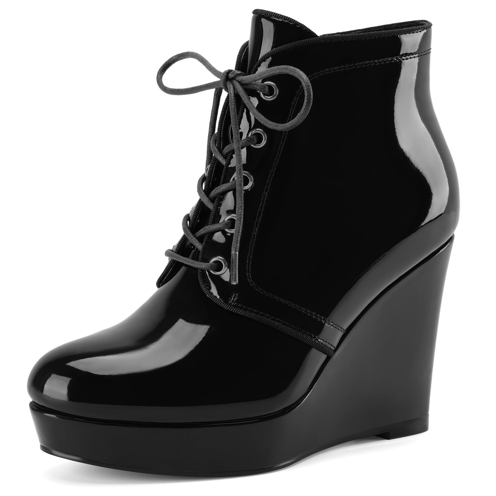Womens Wedge Ankle Boots Platform Short Bootie Round Toe Lace up Wedge Heels Patent Boots 4 Inch Dress