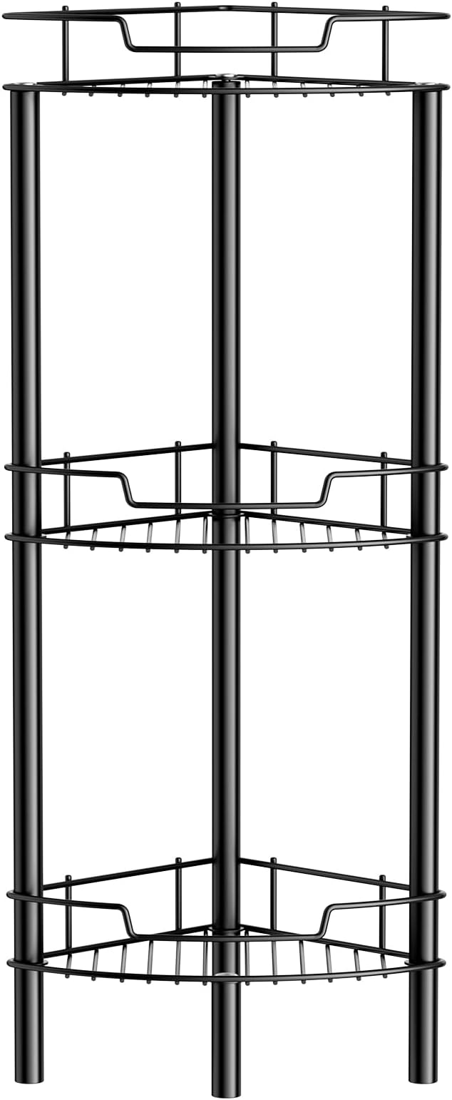 Corner Shower Caddy, 3 Tier Shower Organizer Shelf for Inside Shower, Stainless Steel Floor Corner Shower Bathroom Shelves Stand Rack for Bathroom Balcony Kitchen, No Drilling, Black