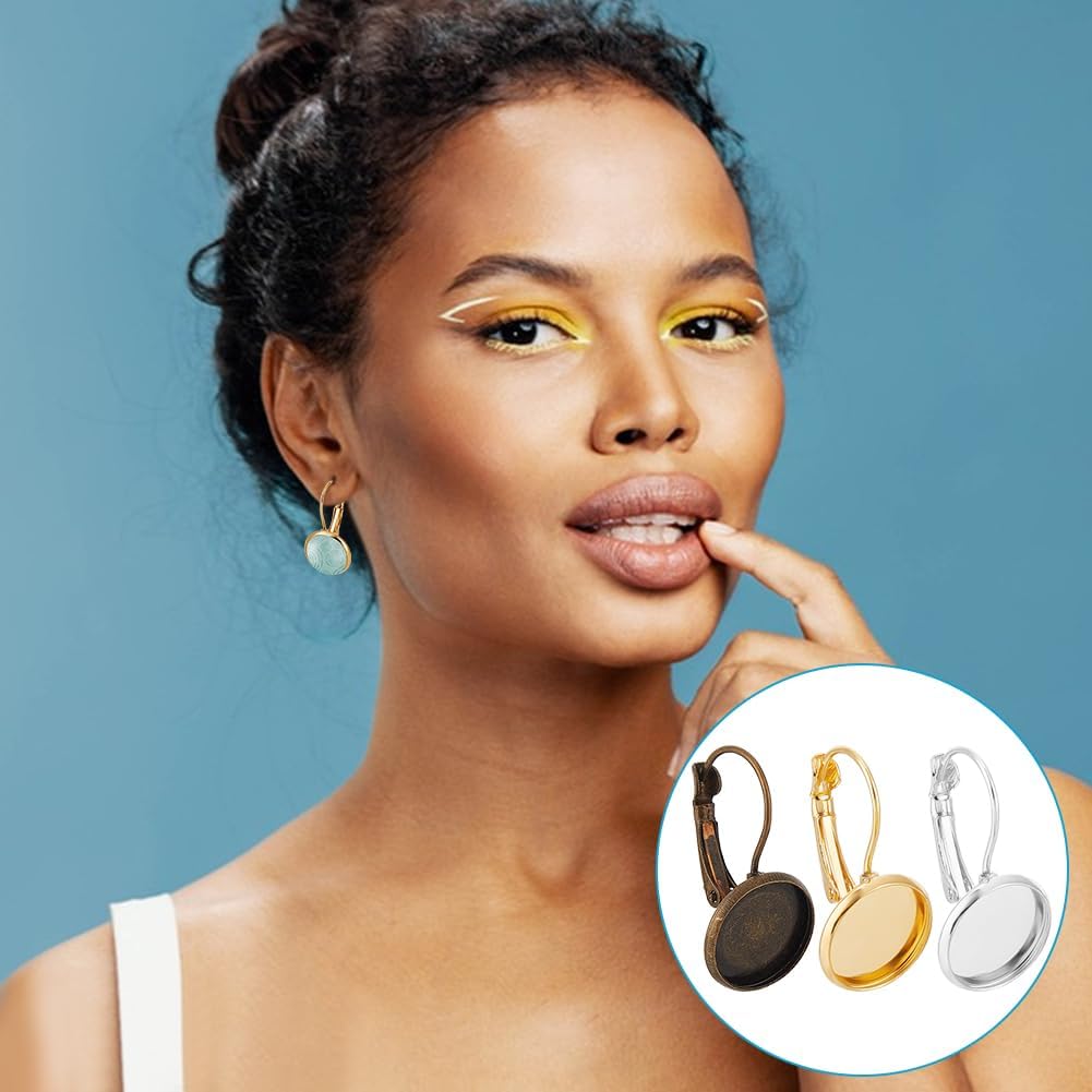 UNICRAFTALE 42Pcs 3 Colors Blank Dome Metal Leverback Earring Cabochon Settings Tray 12mm Lever Back Earring Findings with Glass Cabochon Setting for DIY Jewelry Making Earrings Accessories - Image 6