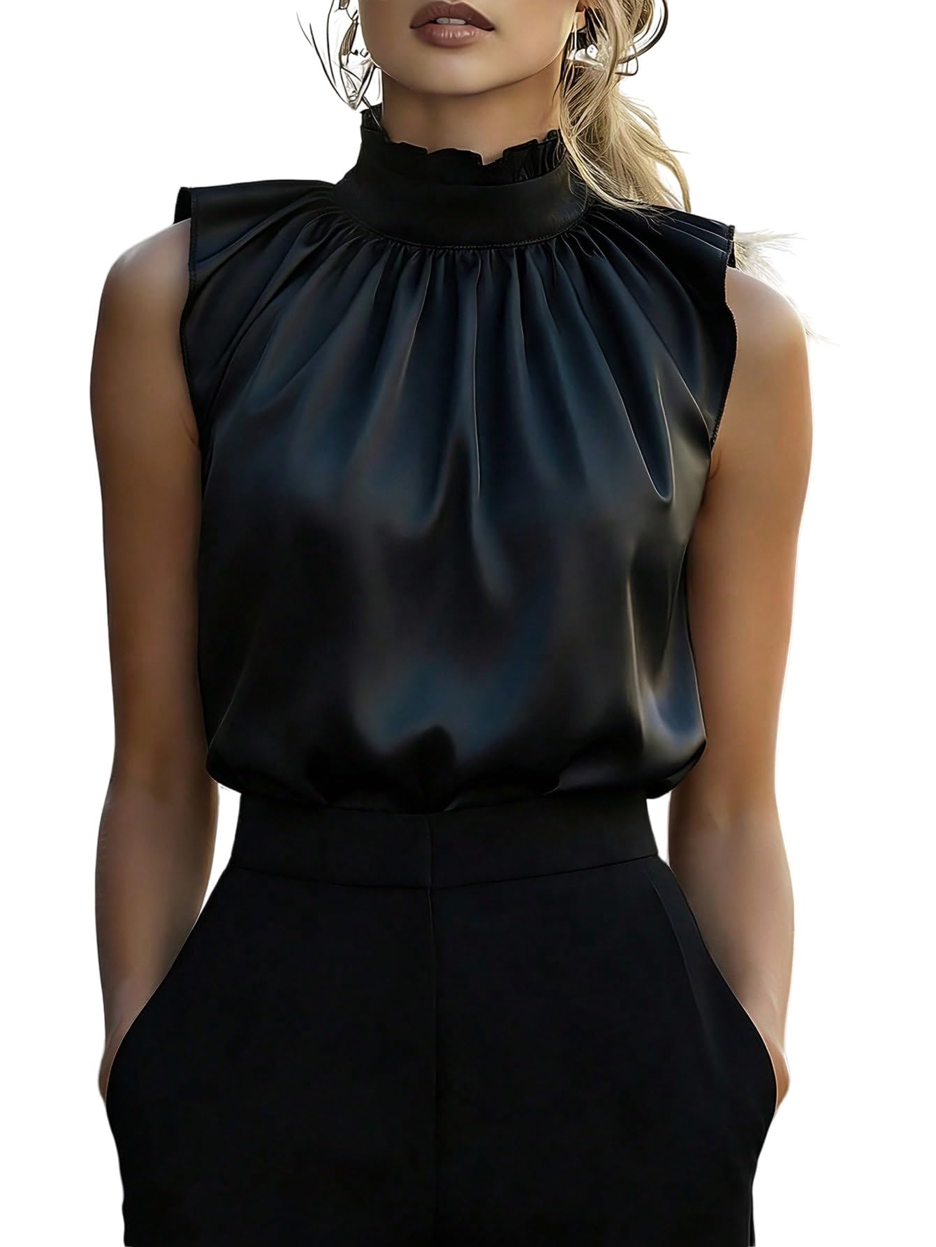 GORGLITTER Blusa elegante de satén para mujer, sin mangas, con ribete de volantes, parte superior de oficina, túnica festiva, cuello alto