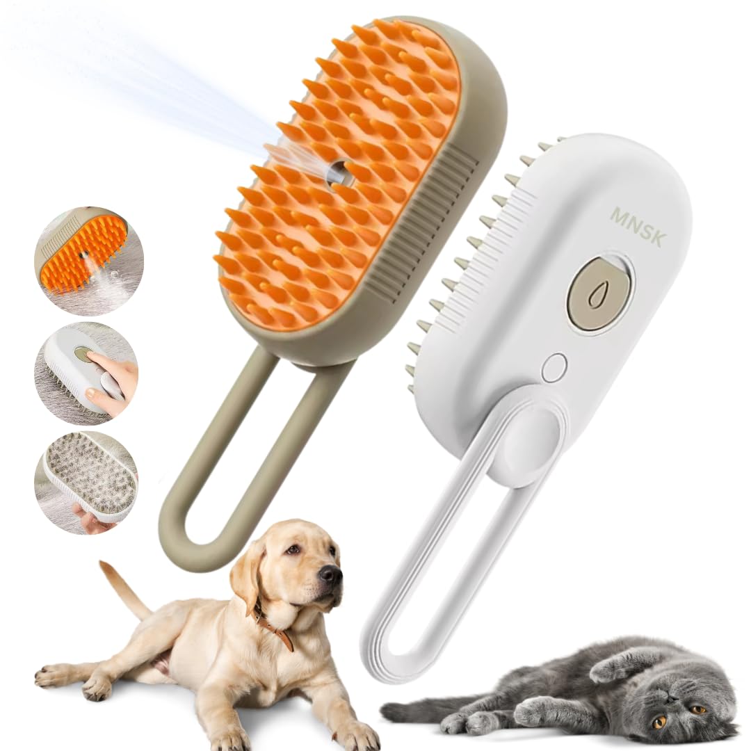 MNSK Cat Steam Brush, 3 in 1 Steamy Silicone Massage Grooming Brush for Cat and Dog, for Massage, Tangled And Hair Loss Remover (Cream)