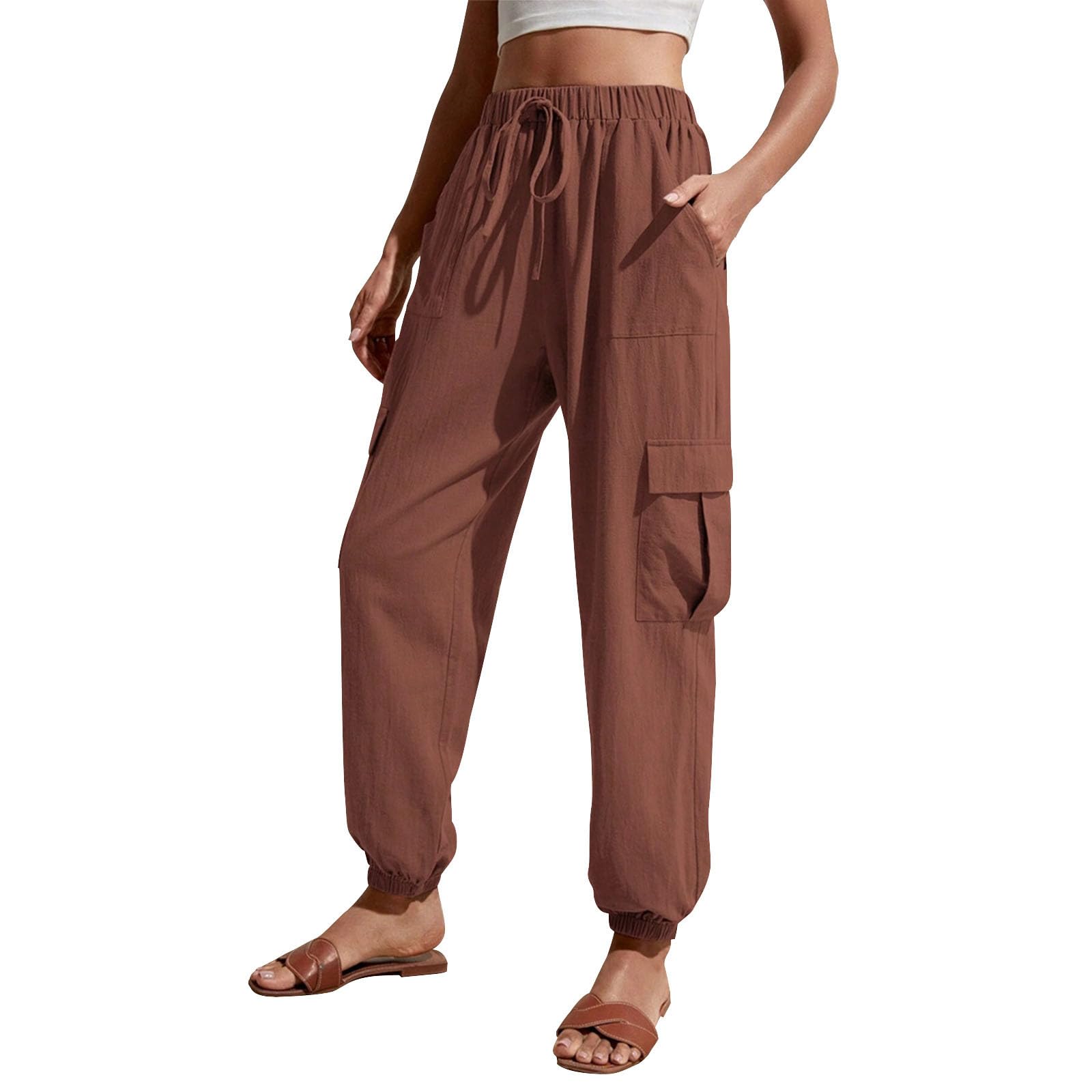 Drawstring Cargo Pants for Women, High Waisted Baggy Loose Fit Summer Elastic Waist Jogger Pants with Pockets Pants