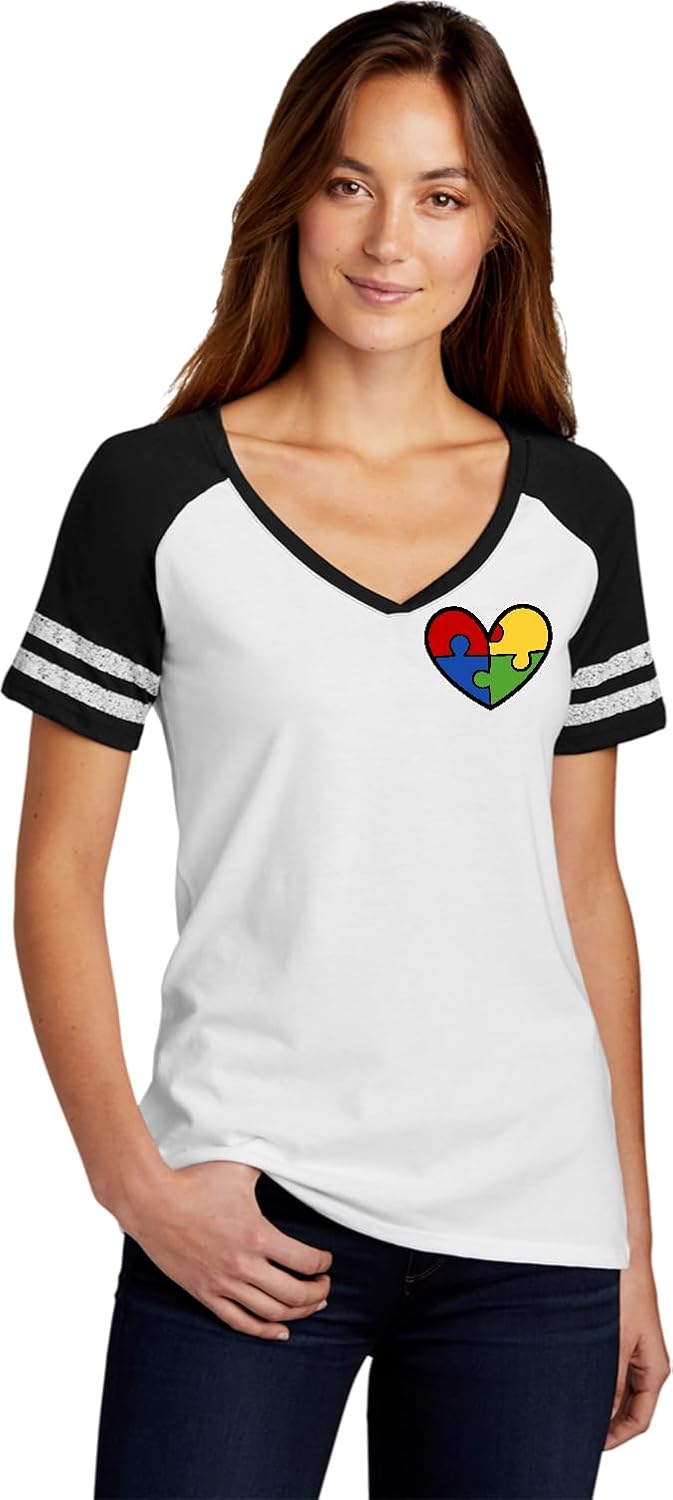 Autism Awareness Womens Game V-Neck with Heart Puzzle Pieces Chest Print Support Neurodiversity Shirt