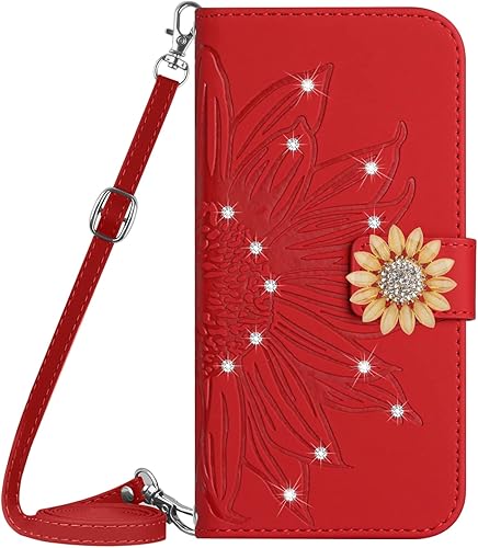 ONV Funda tipo cartera para Huawei Honor 50 Lite Correa de 1.5 M con purpurina de girasol brillante, funda de cuero con tapa para tarjetas, a