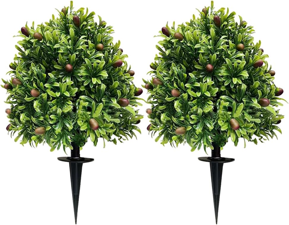 Artificial Olive Topiary Ball Trees 24" with Ground Spikes (2 Pack) - Realistic UV Proof Faux Outdoor Plants for Porch, Garden, Mediterranean Yard Decor, No Maintenance Fake Shrubs (2 Pcs)