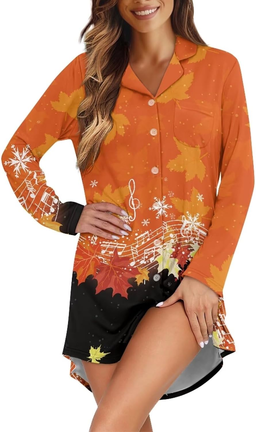 Sleepshirt Dress for Womens Ladies Long Sleeve Nightshirt with Pockets, Button Down Nightdress Gowns Pajama Dress