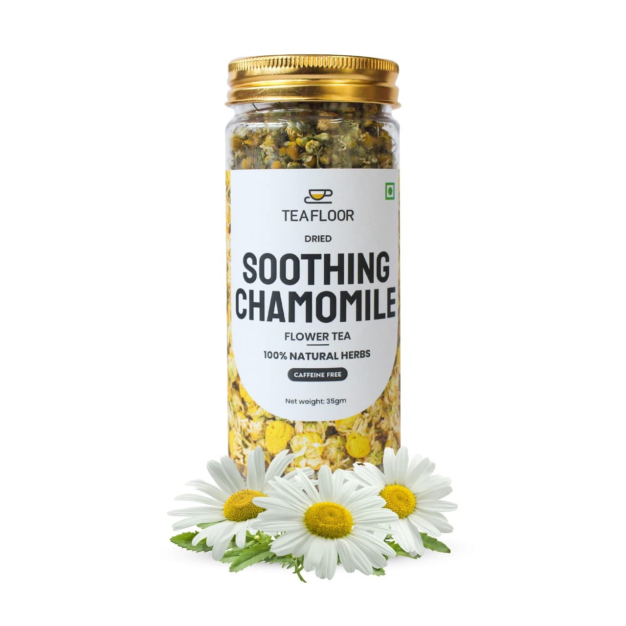 TEAFLOOR Dried Soothing Chamomile Flower Tea || 35 Grams (40+ Cups) For Relaxed Sleep 100% Pure Flower Buds || Herbal Tea - No Caffeine - Mild Flavour - Non GMO|| Reusable Pet Jar