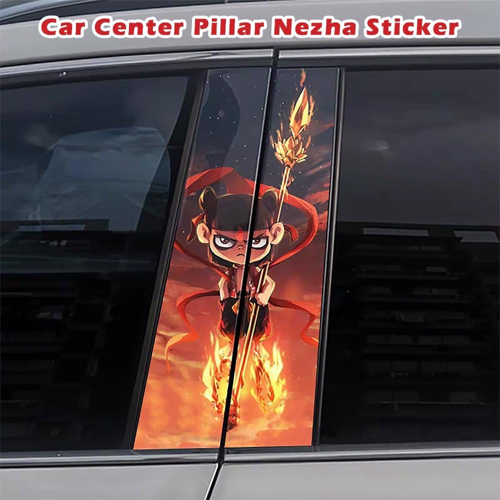 2 PCS Nezha Car Pillar Decals Cartoon Characters Creative Car Door Post Decal Center Post B-Pillar Stickers for Vehicle Exterior Decoration (Red) - Image 4