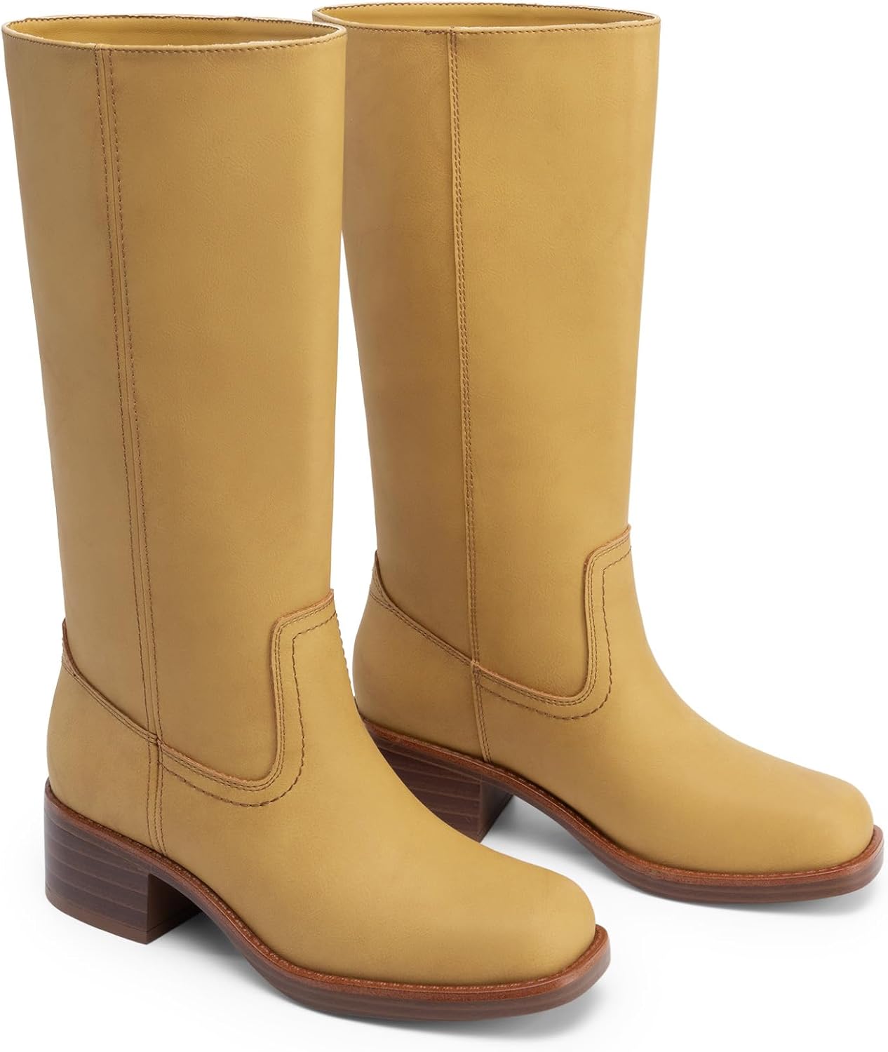 DREAM PAIRS Women's Mid Calf Riding Boots Square Toe Retro Banana Boots Chunky Block Heel Pull-On Fashion Boots