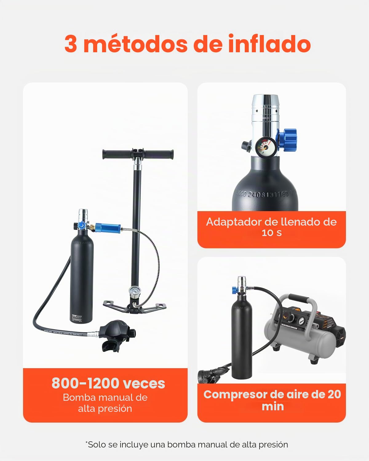 VEVOR Tanque de Buceo Portátil 1 L, Cilindro de Oxígeno para Buceo Que Permite Respirar bajo el Agua 15 a 20 Minutos, Profundidad de Buceo de 30 m, para la Exploración Subacuática, 89 x 360 mm