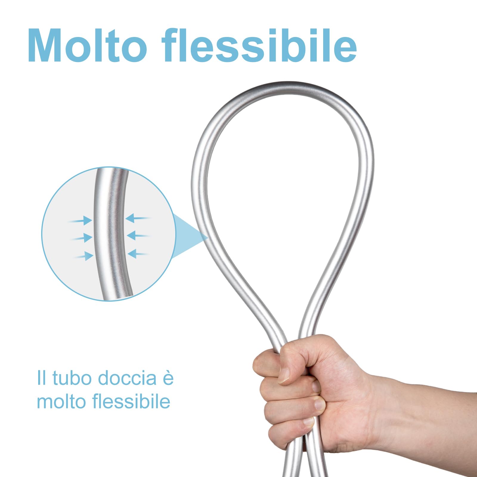 OFFO Tubo Doccia 2.5 m, con Protezione Antitorsione, Flessibile Doccia in PVC, Tubo Doccia Flessibile Alta Pressione di Ricambio, per Rubinetti del Bagno, Argento