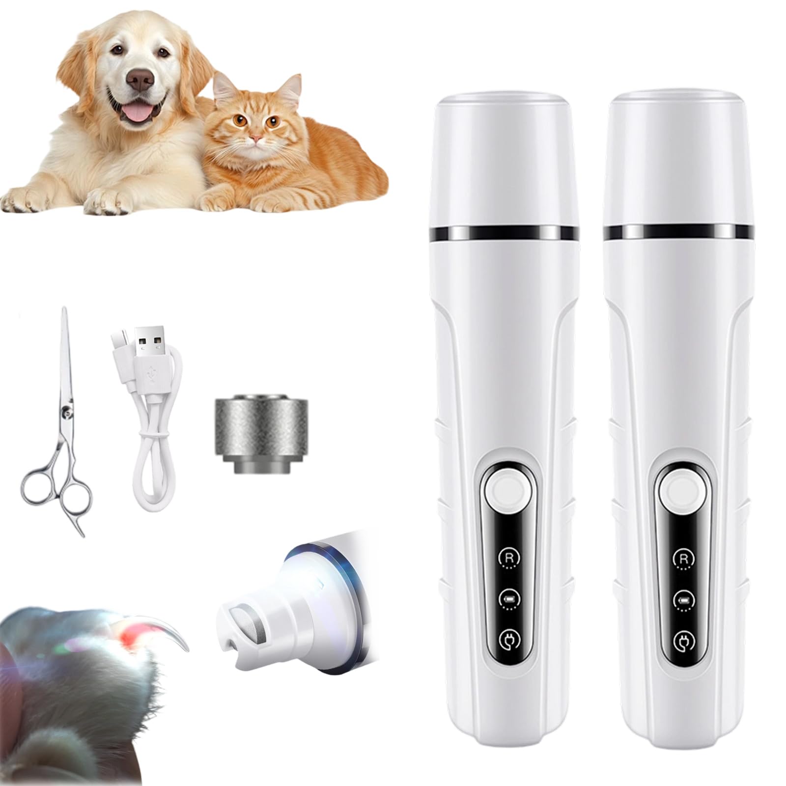 Rechargeable LED Pet Nail Grinder, Krallenschleifer Für Hunde, Elektrischer Krallenschleifer mit 3 Geschwindigkeiten, Leise Pet Paws Grooming, für Hunde & Katzen (2PCS-Weiß)