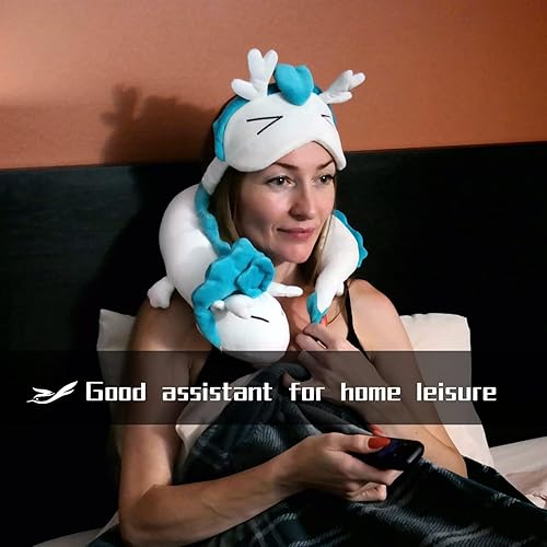 Miniatura 2 de Almohada de cuello de dragón de anime, almohada en forma de U, lindo juguete de peluche de dragón con máscara de dormir de anime, perfecta para