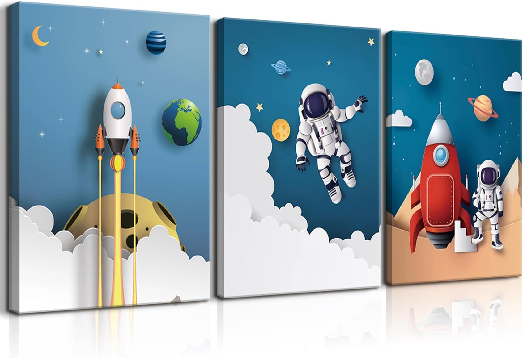 3Pcs Astronaut Canvas Wall Art Nursery Space Adventure Wall Decor Whimsical Space Themed Posters Artwork Rocket Spaceship Prints Pictures for Kids Room Boys and Girls Bedroom (12x16in Canvas)