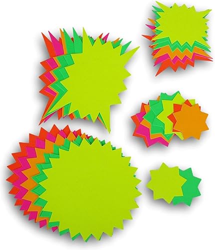 Neón Starbursts recortes, tablón de anuncios, formas de acento para la decoración del aula (amarillo, verde, rosa) - 30 unidades (2.5 a 6 pulgadas