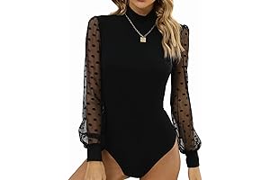 Womens Embroidered Bodysuit | Polka Dot Sheer Mesh Long Sleeve Ribbed Bodysuits Jumpsuit