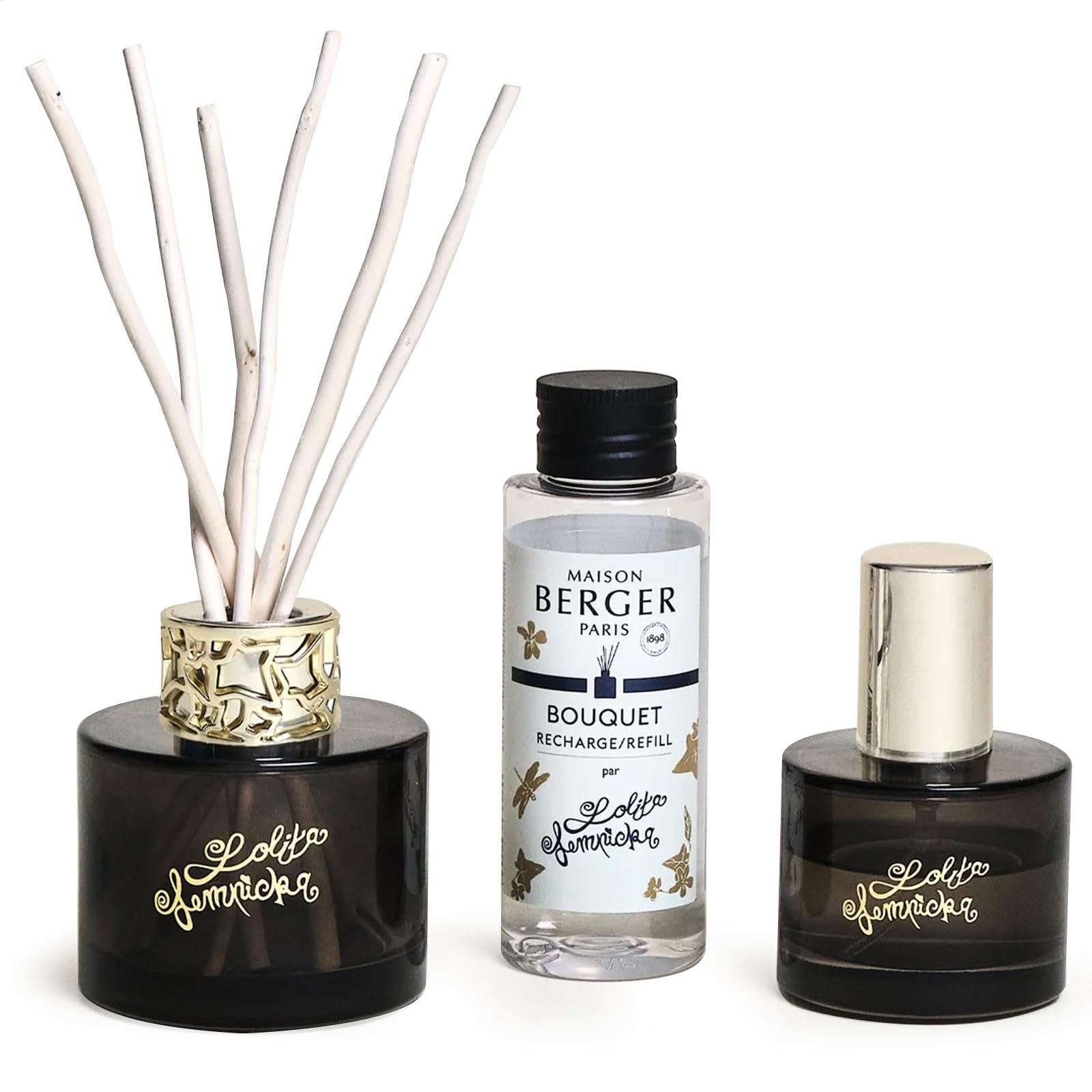 MAISON BERGER Duo Mini Bouquet & Innenspray, lackiertes Glas, 90 ml & 50 ml, Diffusionsdauer 3 Wochen, 450 bis 550 Sprühstöße (Lolita Lempicka Black Edition)