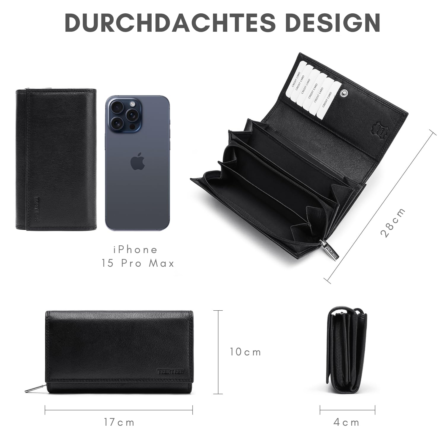 Frentree® Damski portfel z prawdziwej skóry nappa, duży skórzany portfel z ochroną RFID, miękki portfel z prawdziwej skóry, wiele przegródek, brązowy, Premium