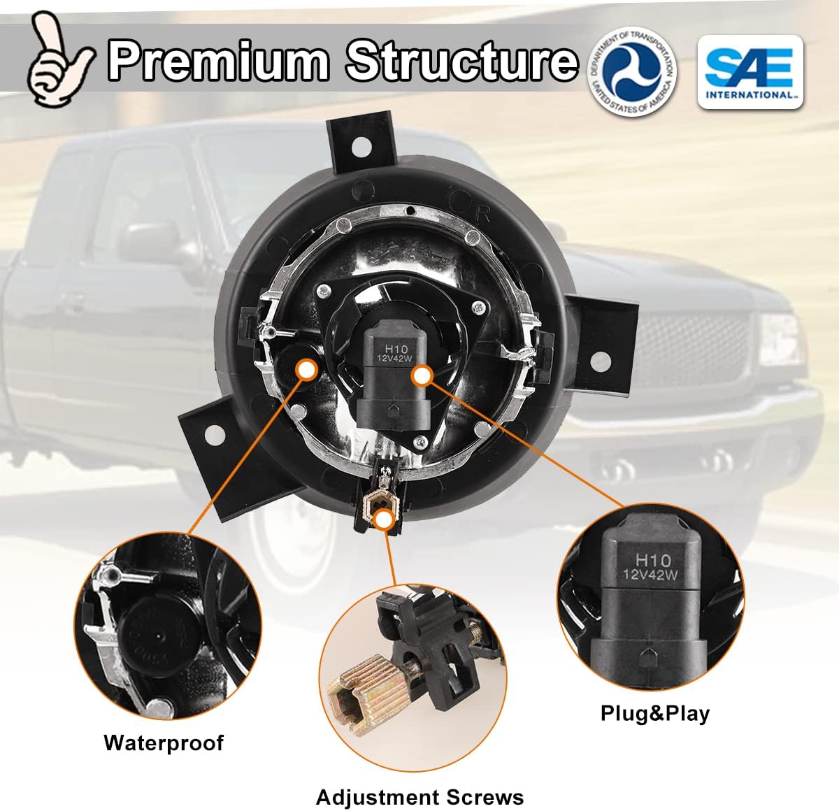 Nixon Offroad Fog Light for Ranger 2001 2002 2003, Bumper Driving Fog Light Lamps Assembly,OEM Fog Lamp Replacement With Bulb H10 12V 42W Chrome Black Housing Clear Lens, Driver+ Passenger Side