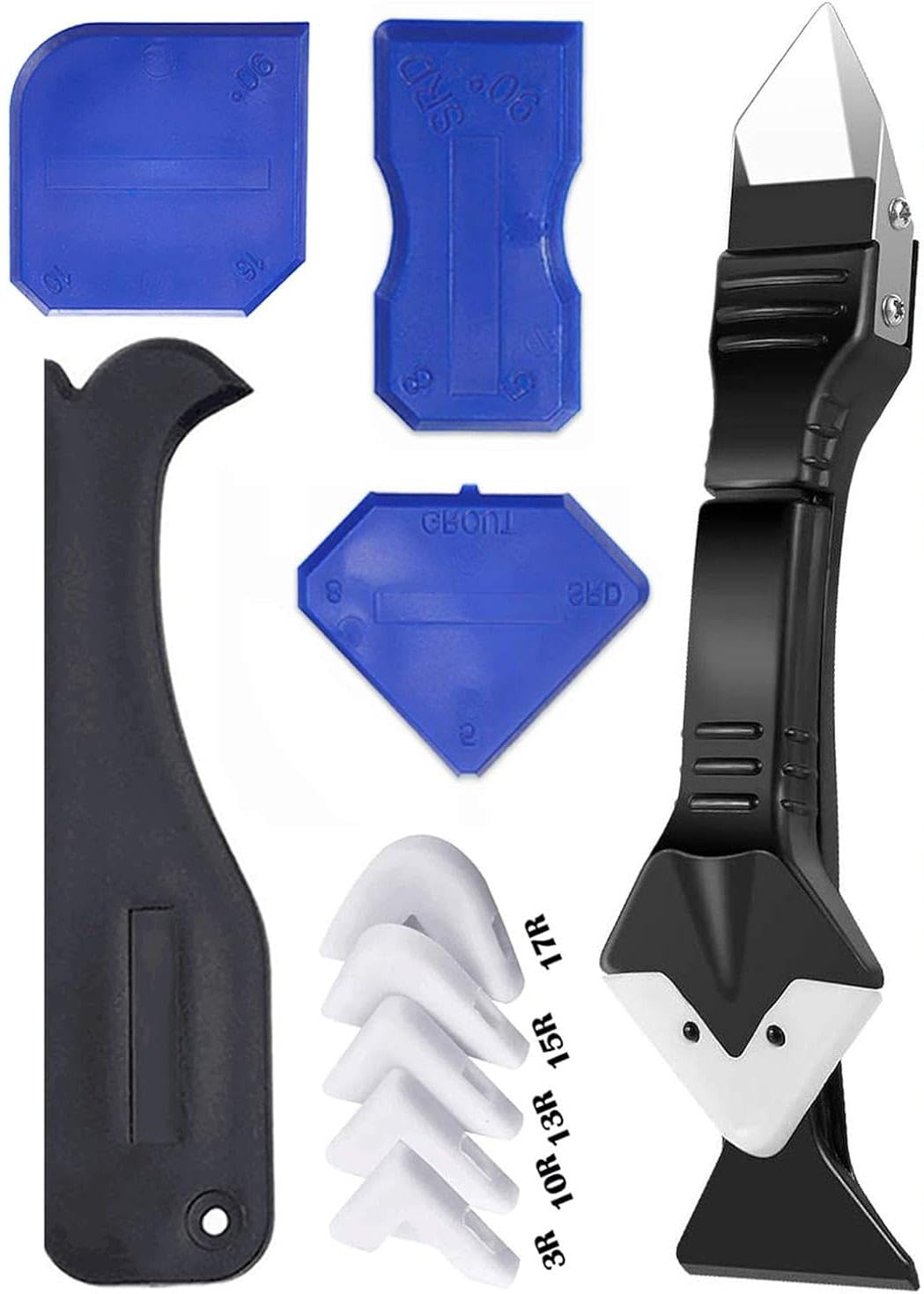 JOIMAR 3 in 1 Silicone Caulking Tools, Silicone Sealant Finishing Tool Grout Scraper, with Replaceable 5 Silicone Pads, Great for Kitchen Bathroom