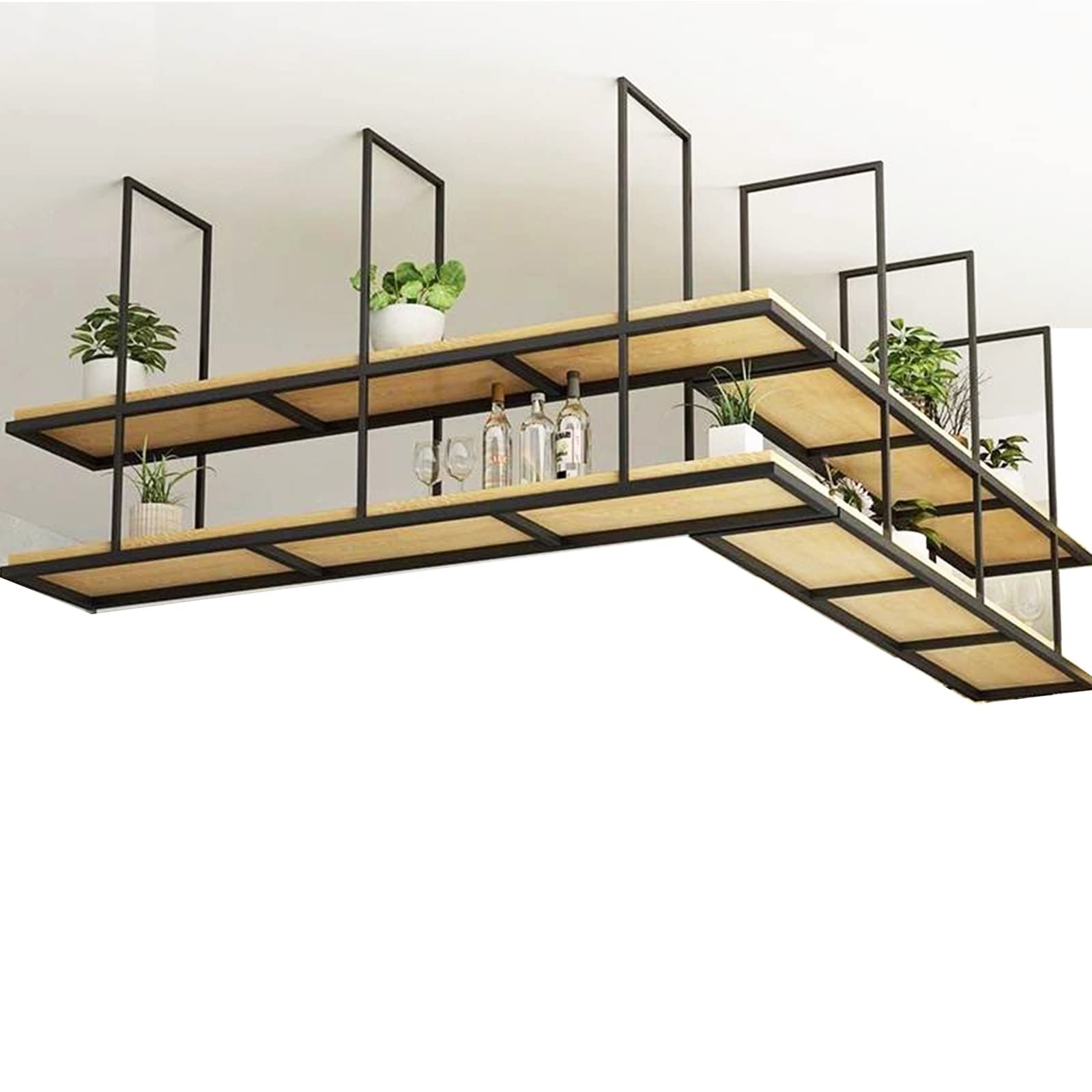 Étagère flottante suspendue plafond avec planche bois massif 2 niveaux
