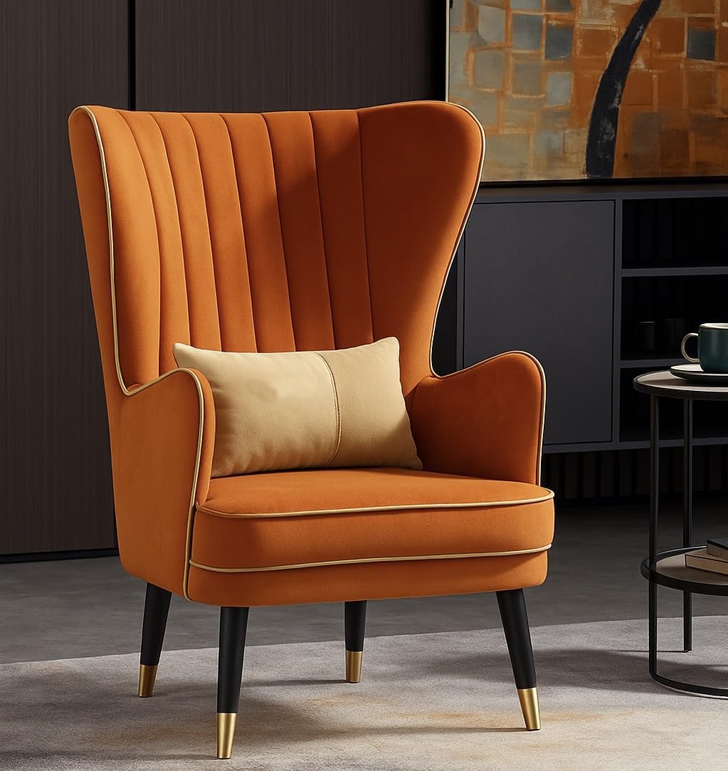 Innovation Hub Luxury Wing Velvet Accent Armchair Royal Stylish Single Seater Sofa with Golden Strips for Your Living Room Lounge Bedroom (Single Chair (Orange))-image-22