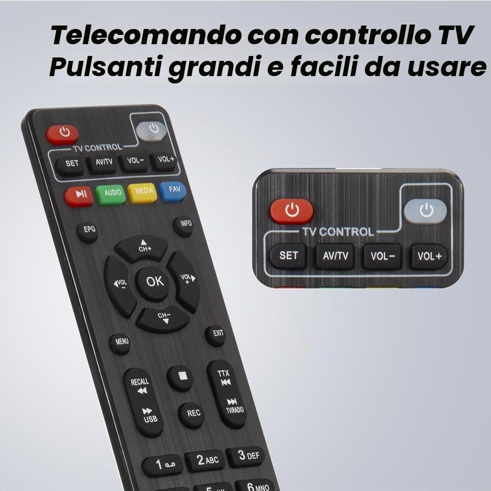Romicta DVB-T2 Decoder Digitale Terrestre 2024, 1080P H265 HEVC, HD Collegamento HDMI USB Funzione PVR, LCN, Youtube,Tiktok, Invisibile TV Decoder, Telecomando 2 in 1 Infrarossi