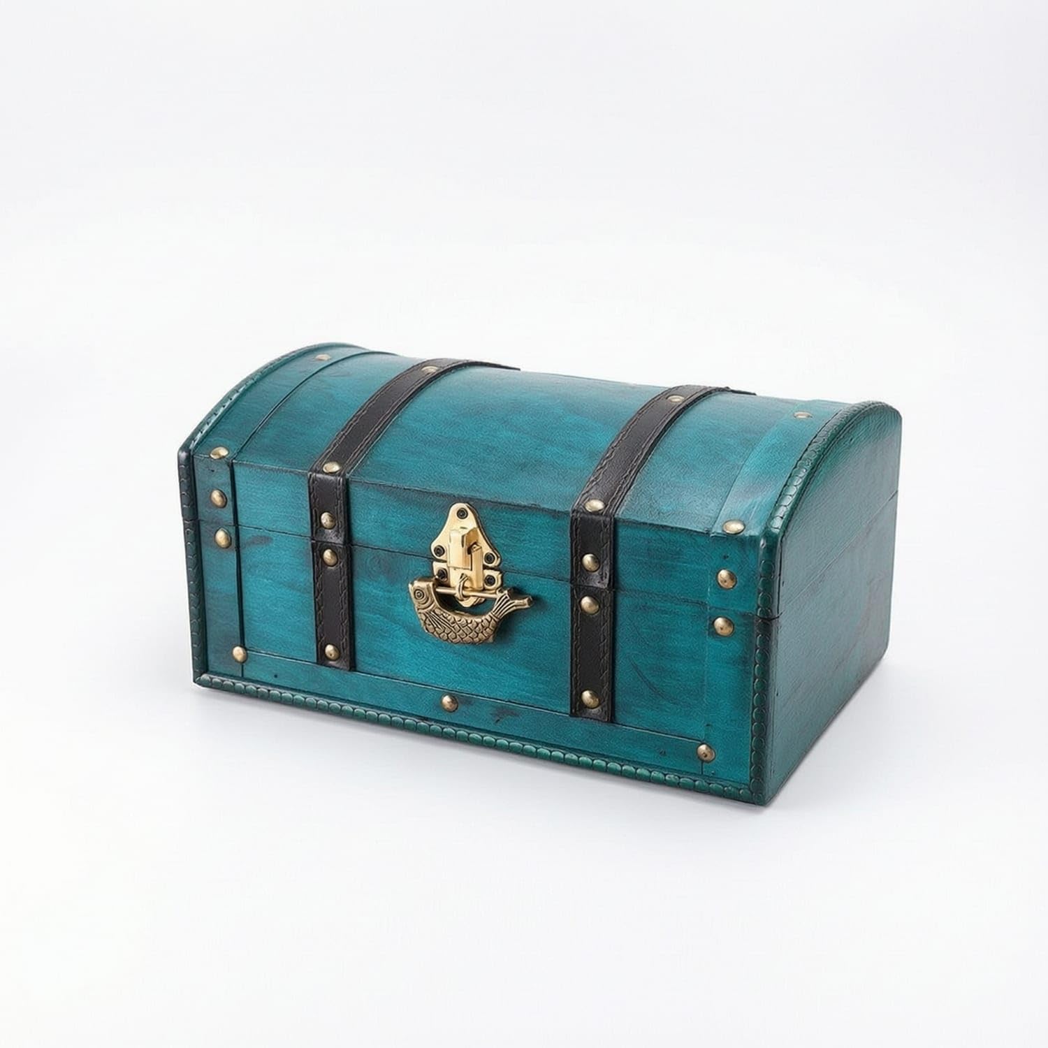 Antique-Style Wooden Box with Curved Lid Distressed Decorative Keepsake Storage Chest Rustic Wooden Keepsake Box Solid Wood for Collectors, Photo Styling, Tabletop, Green, Fish Lock-image-23