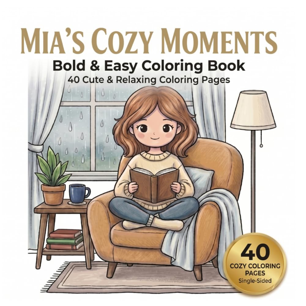 Mia's Cozy Moments: Bold and Easy Coloring Book: 40 Cute, Simple and Relaxing Coloring Pages for Kids, Teens, and Adults (Cozy Coloring Series) (Mia’s Cozy Coloring World)