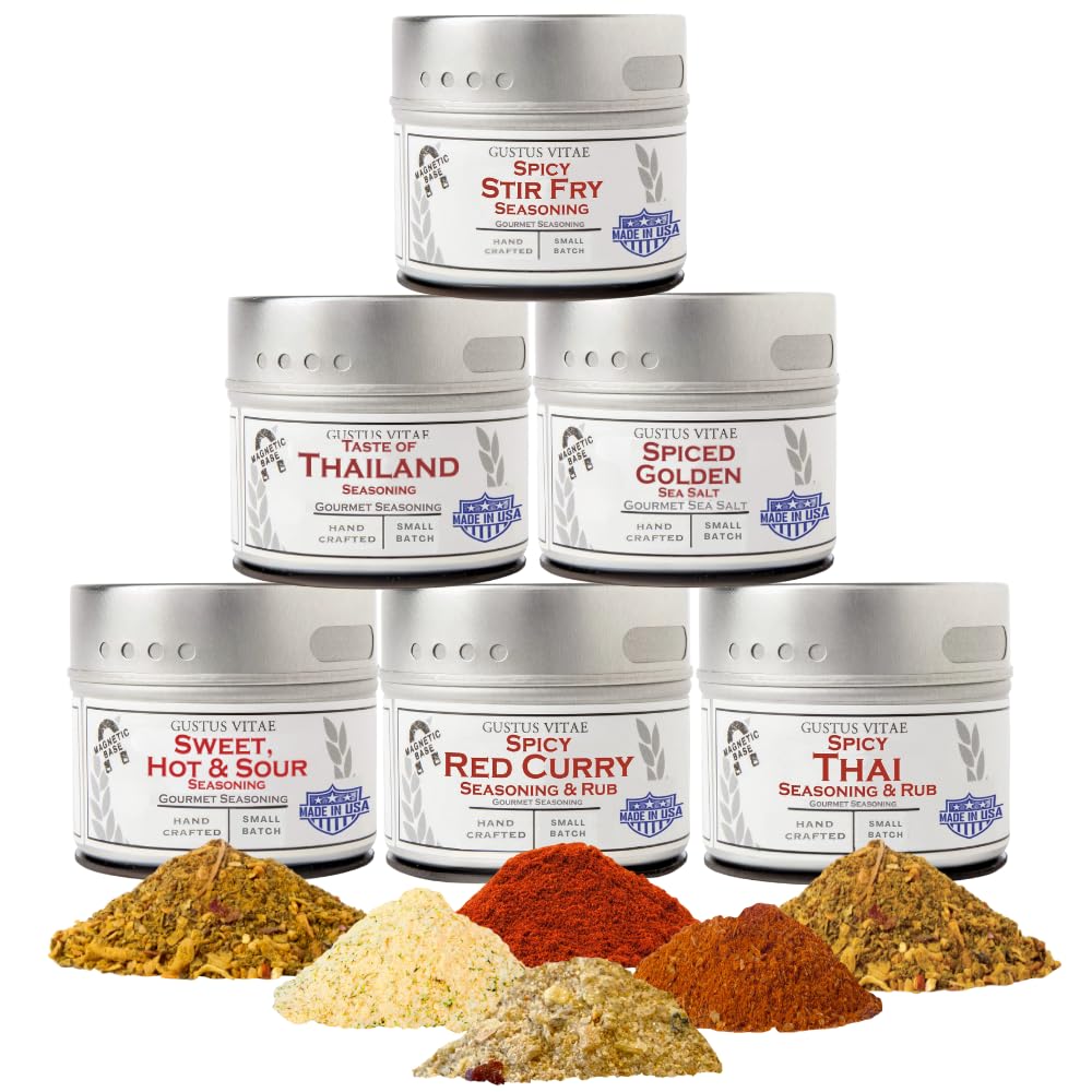Thai Seasonings Gourmet Gift Set | Tastes of Thailand | Artisanal Spice Blends Six Pack | Non GMO, All Natural | No MSG, Gluten, Soy, Nuts | Small Batch, Hand Made Seasonings | No Artificial Ingredients, Ultra Premium Spice Mixes | Made in USA | GLP-1 Friendly | Magnetic Tins | Gustus Vitae | #572