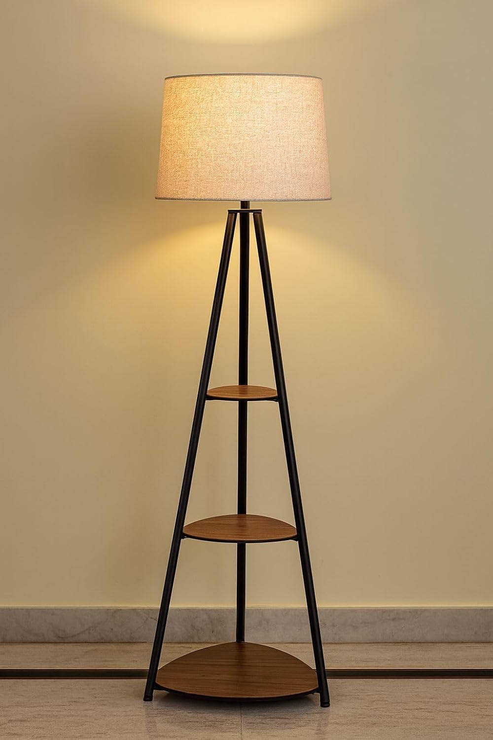 Fancy Floor Lamp with Wooden Shelf, Warm White Light, Linen Fabric Shade, Storage Display Design for Living Room, Bedroom and Reading Areas-image-6