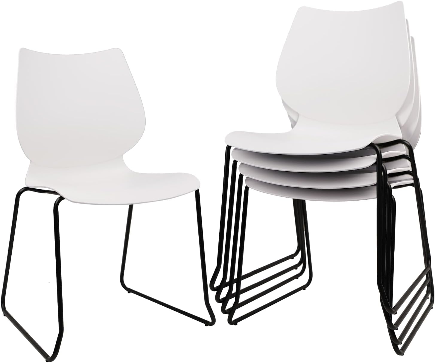 Stackable Waiting Room Chair, Stacking Office Chair with Ergonomic Lumbar Support and Metal Legs, Plastic Desk Chairs for Conference School Church Guest Reception Set of 4, White