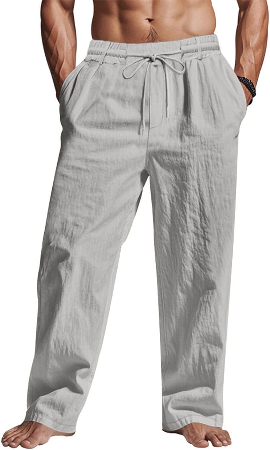 ZARLAN Men's Cotton Linen Pants Breathable Casual Summer Beach Lightweight Loose Fit Elastic Drawstring Waist Trousers