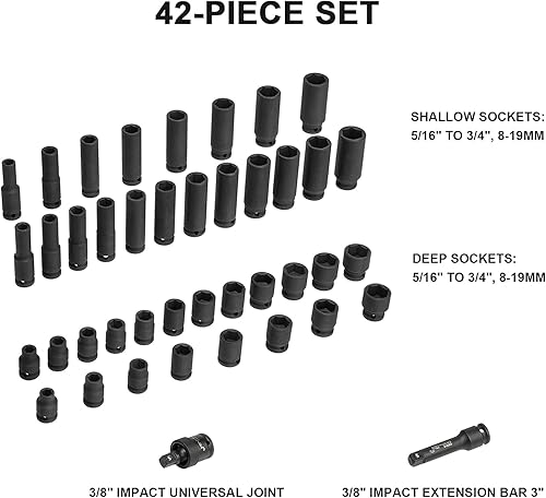 Vista 2 de Jetech Juego de llaves de impacto de 3/4 pulgadas, 42 piezas profundas y estándar SAE y métricas y estándar para mantenimiento de automóviles