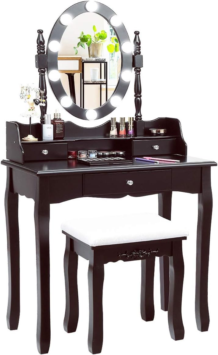 CHARMAID Vanity Table Set with Lighted Mirror, 10 Dimmable LED Bulbs, Girls Vanity Desk with 3 Drawers, Makeup Dressing Table with Rotating Mirror and Cushioned Stool (Brown)