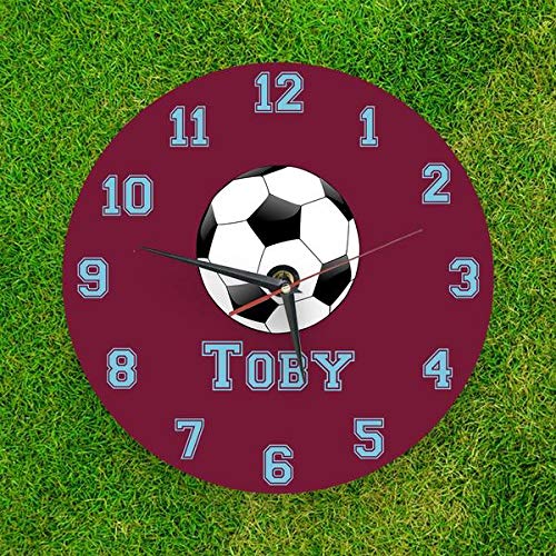We Personalize Personalised glass wall clock Football clock Team colour Maroon and Blue with your own name