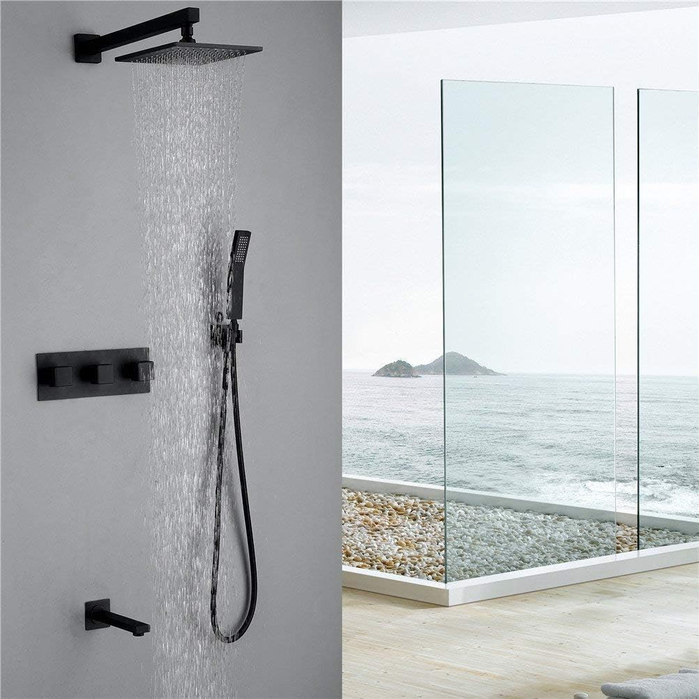 Wall Mounted Black Bath Shower Faucet 8 Inch Rain Shower Head Bathroom Diverter Mixer Valve Luxury Shower Set