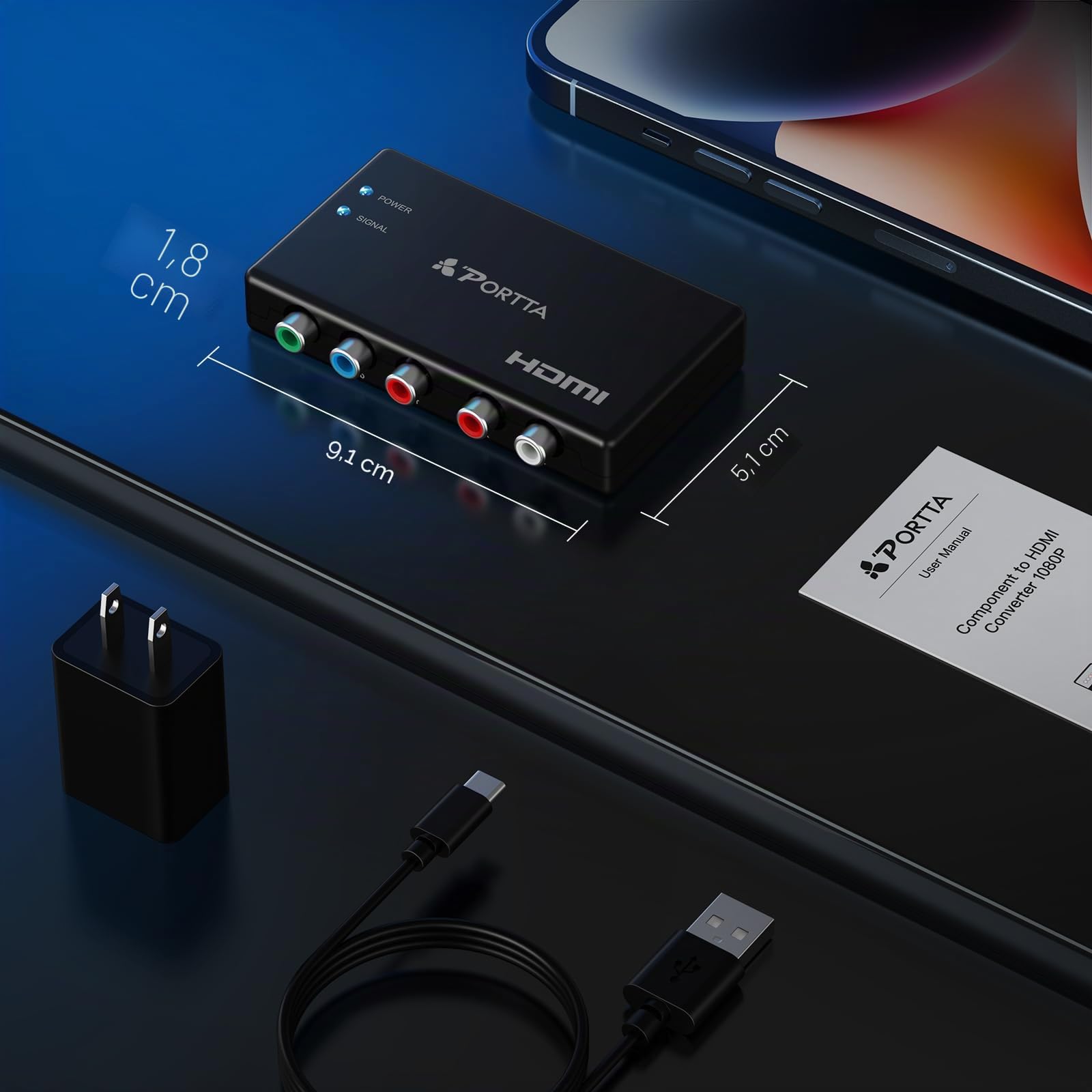 Portta PETRH Convertisseur Vidéo Audio v 1.3 HDCP RGB YPbPr à HDMI avec Adaptateur pour HDTV/DVD/PSP/Xbox 360/Wii Noir