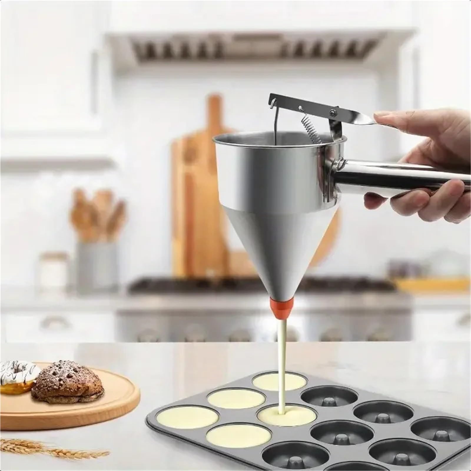 Teigspender 600/1200 ml Öl Eimer mit Halter Edelstahl Trichter Spender Cupcake Pfannkuchen Teig Octopus Ball Küche Backen Werkzeug(1200ML)