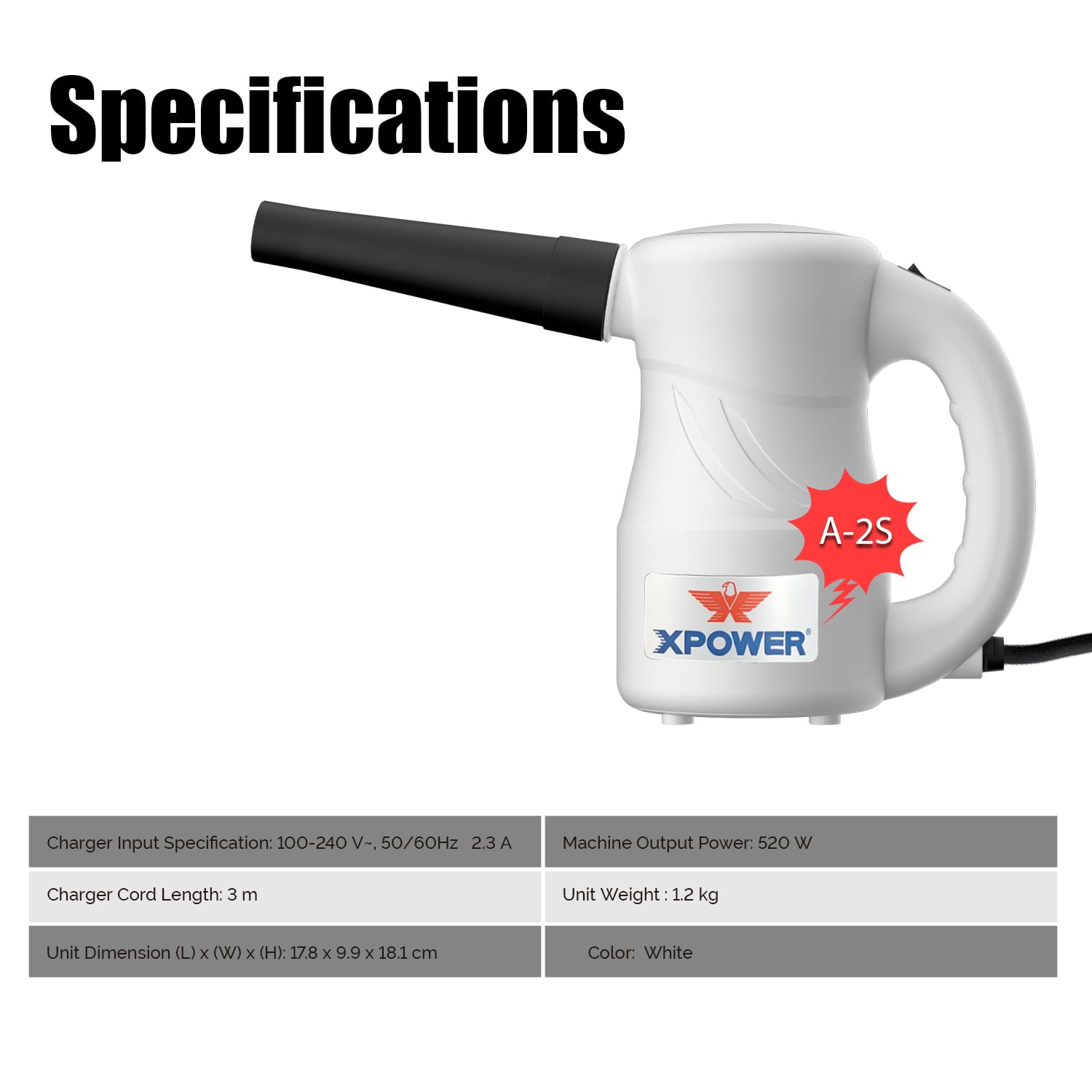 XPOWER Spazzola ad Aria Elettrica per Rimozione Polvere, Asciugatura, Gonfiaggio, Pulizia Auto, Computer, Soffio Foglie (Bianco, A-2S)