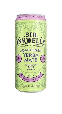 SIR INKWELLS Adaptogen Yerba Mate Tea | Healthful Energy + Productivity 150 mg Organic Caffeine | 300mg Ashwagandha Reishi Ginseng |Non-GMO Certified | Wild Berry & Pomegranate 16oz 12pk